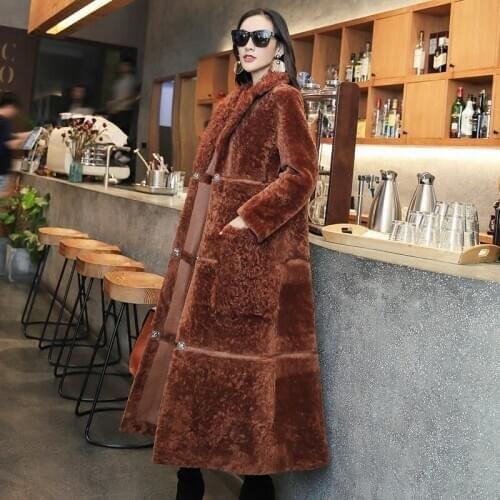 Double Faced Coat Female Natural Sheep Shearling Fur Coats Winter Women long Genuine Leather Jacket MY3945