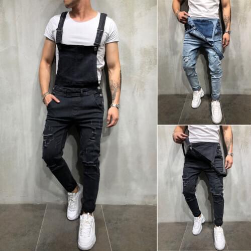 New Hot Mens Distressed Denim Carpenter Overalls Bib Jumpsuits Moto Biker Jean Pants Mens Casual Suspender Bib trousers