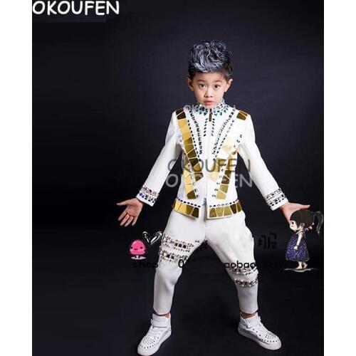 Customized Adult Childrens Crystal Gold Lens Jacket Childrens Sequins Street Dance Performance Group Clothing Set