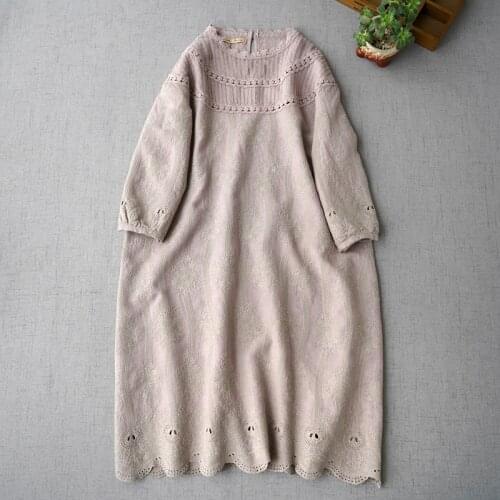 Exquisite full width heavy industry embroidered linen Quarter Sleeve Dress spring womens loose Pullover gown 0402