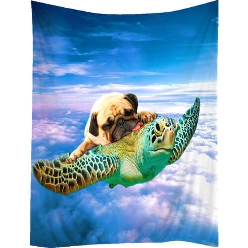 Hippie Art Wall Hangings Tapestries Funny Turtle Pug Dog in The Sky