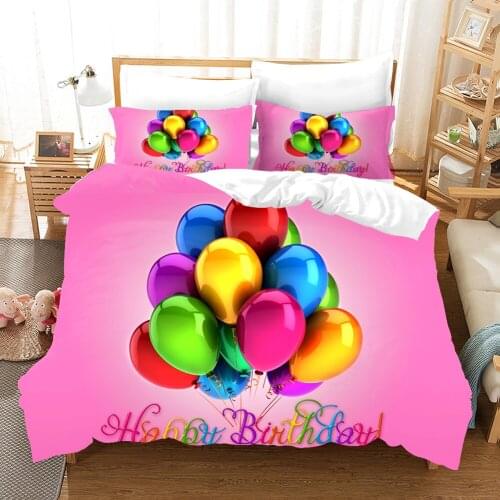 Happy Birthday Bedding Set Luxury Cartoon Comforter Duvet Covers Pillowcases Cute Pink Bed Linen Colorful Bed Set For Kids Gift