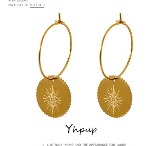 Yhpup 2021 Stainless Steel Round Hoop Earrings for Women Trendy Metal Texture Unusual Earrings Accessories Gift Aretes De Mujer