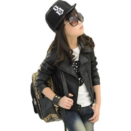 Girls Autumn Leather Jackets Children Fashion Cardigan Coats Kids PU Leather Slim Lapel Long Sleeve Outwear