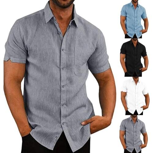 Summer Casual Shirts for Men Solid Color Turn Down Collar Short Sleeve Pocket Buttons Slim Shirt Blouse