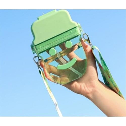 Girls Cute Smiley Ice Cream Water Bottle With Straw With Strap Creative Popsicle Plastic Cup Portable Child Drinking Bottles