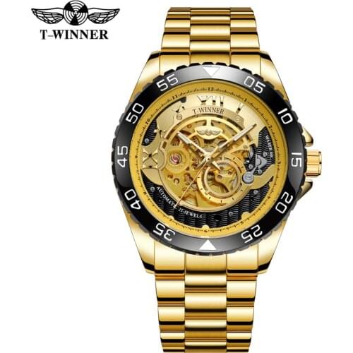 T-winner Mens Trendy Mechanical Automatic Skeleton Analogue Display Casual Watch with Stainless Steel Bracelet WRG8193M4