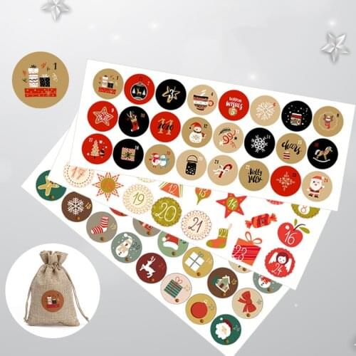 24pcs Christmas Label Advent Calendar Number 1-24 Paper Stickers Ornaments Cookie Candy DIY Xmas Gift Adhesive Packaging Sticker