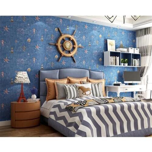 Beibehang Blue Mediterranean style Conch seahorse wallpaper Childrens room Male girl bedroom room background 3d wallpaper