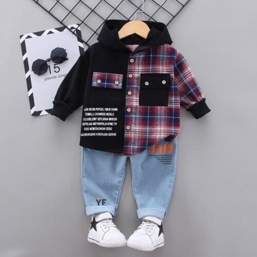 Boys' Clothing Lattice Hooded Sportswear Tops Pants 2pcs Boys' Clothing Casual Autumn Clothing Childrens Clothes