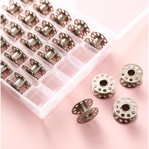 1Box 25Pcs Metal Bobbin Sewing Machine Bobbins Spools Empty Bobbins Spools Plastic Storage Box for Home Sewing Accessories Tools