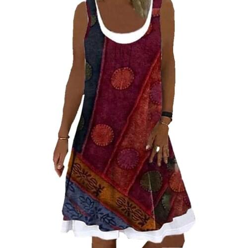 Summer New Women Dress Elegant Fake Two Sleeveless Floral Print Loose A-Line Dress Vestidos Female