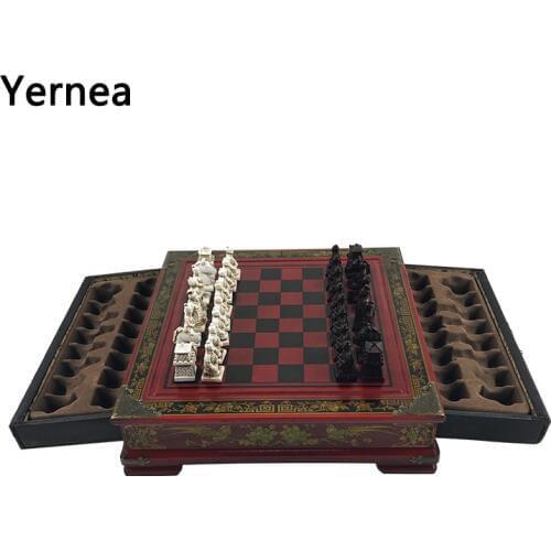 Yernea Retro Chess Set Board Games Resin Chess Terracotta Warriors Lifelike Pieces High-density Board Paste 26*26*6.5 cm Gift