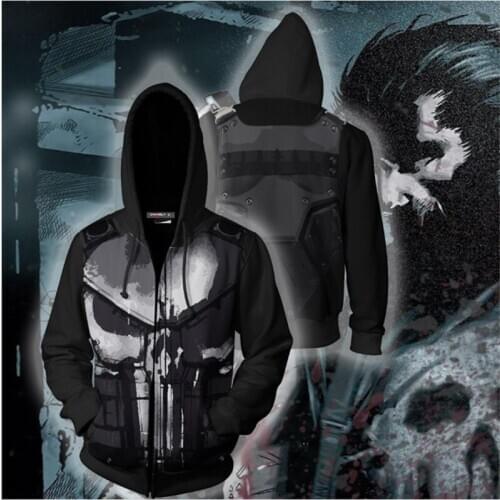 Punisher Cosplay Hoodie 3D Print Costume Jacket Hoodie Zipper Sweatshirt Halloween Zipper Pullover Jersey