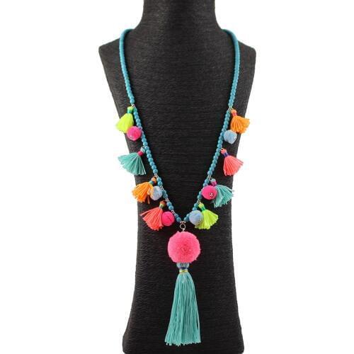 Vintage Boho Long Stone Beads Tassel Necklace Pompom Pendant Ethnic Fashion Retro Sweater Chain Colorful Cotton necklace Jewelry