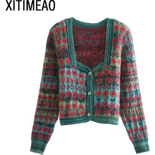 ZA Women Winter New Fashion Retro National Style Jacquard Sweater Knitted Cardigan Coat Junior Long Sleeve Chic Top