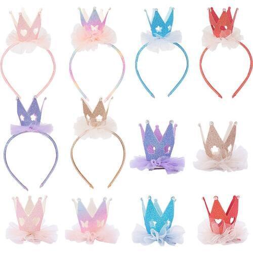 1set Fashion Cute Glitter 3D Gradient Tiaras Hairbands Hairpins Solid Crown Gauze Floral Hair Sticks Princess Party Headwear