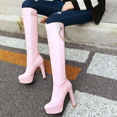 Fashion Pink White Womens High Boots 2020 Platform High Heels Knee High Boots Women Shoes pu leather Autumn Winter Shoes Ladies