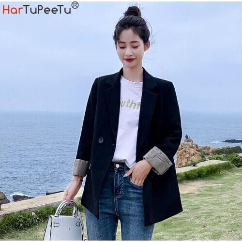 Long Sleeve Women Blazer Oversize Loose Fit Lady Casual Jacket 2020 Autumn Korean Style Black Coat Plaid Cuff Outwear for Girls