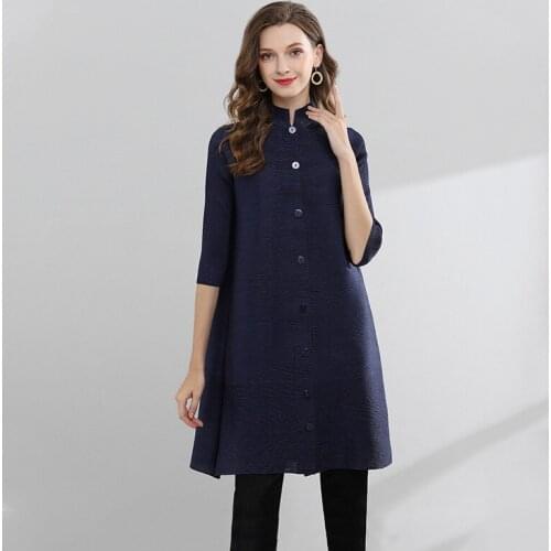 TVVOVVIN Stand Collar Three Quarter Sleeve Pleated Coat Autumn New Single Breasted Loose Solid Color Female Trench Coat KE5A