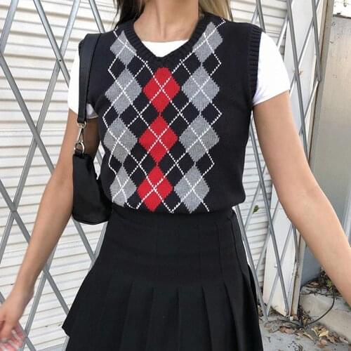 Women Sweater Tops Autumn V Neck Argyle Knitted Vest Tank Top Black Sleeveless Plaid Sweater Casual Patchwork Warm Vests Outfits