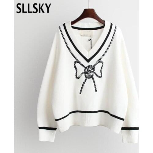 SLLSKY New Bow print women Sweater Vintage V-neck Long Sleeve Knitted Pullovers Autumn Winter Lazy Style Loose Sweater Tops
