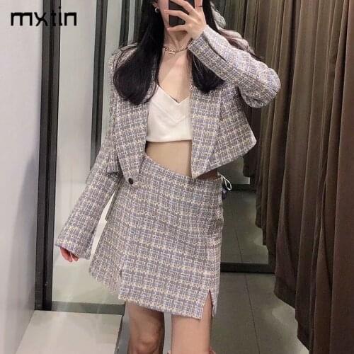 2021 Women Fashion Plaid Tweed Cropped Jacket Coat Vintage Lapel Collar Long Sleeve Office Lady Female Short Outerwear Chic Tops