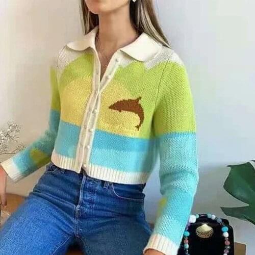 Women Cropped Cardigan Sweaters Dolphin Print Knit Female Cardigans Tops Long Sleeve Single Breasted Autumn 2021 Casual Chic New