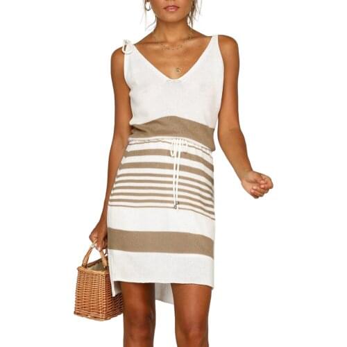 Women Striped Print Slip Dress Adjustable Spaghetti Strap V-neck Dress Casual Style Loose Knitwear with Belt