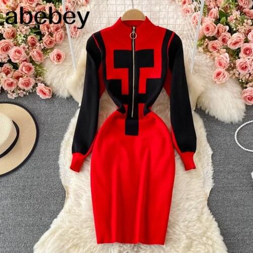 2021 New Spring Autumn Vintage stand collar long sleeve knitted zipper Dress color matching print high waist mid-long wrap Dress