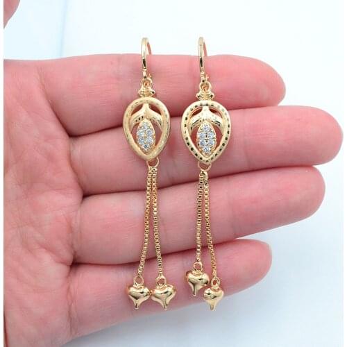 Gold Color Women Clear CZ Laser Stamped Fashion Water Drop Tassel Dangle Earrings Jewelry