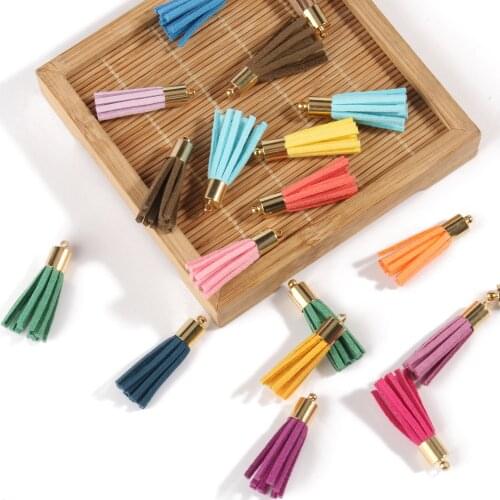 20pcs 34mm Mix Leather Tassel With Cap Fiber Fringe Suede Tassel Strap Key Chains For Jewelry Making DIY Pendant Accessories