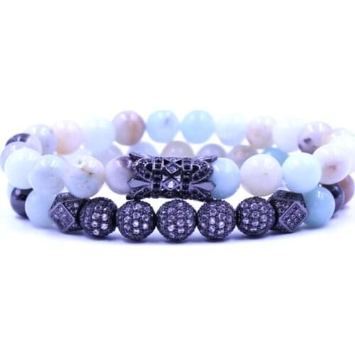 2019 Unisex Fashion Natural Stone Beads Bracelet Bangle Micro Inset Zircon Alloy Accessories 8mm Beads Elastic Rope Set Bracelet