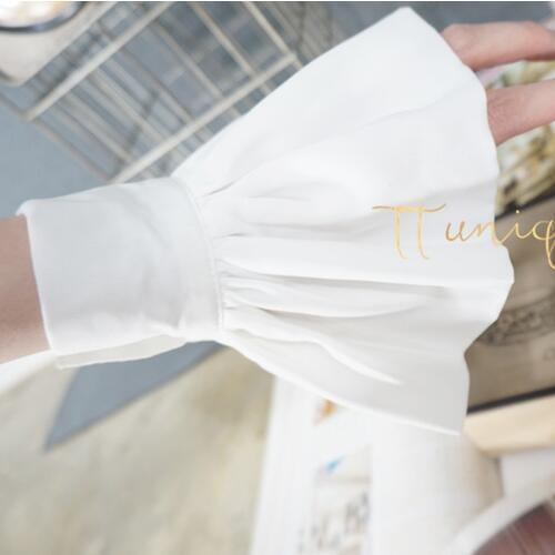 White chiffon bud with bow blue cotton mummy sleeves decorated False temperament Chiffon Crest Collar Lace silky gray organist