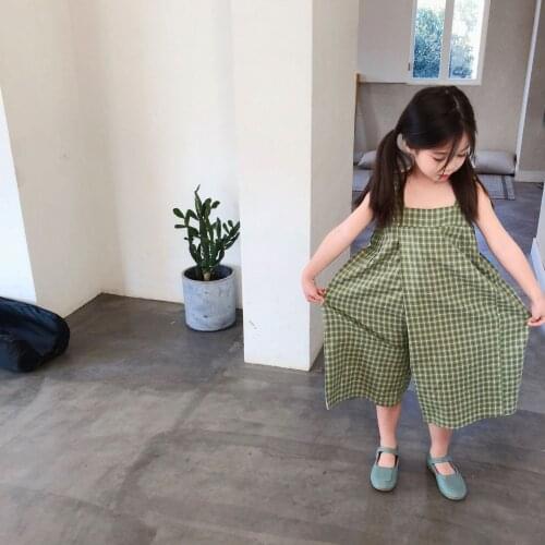 Childrens Jumpsuits 2021 Summer New Baby Girls Loose Plaid Bodysuits Korean Wide Leg Suspender Pants for Girls Kids Overalls