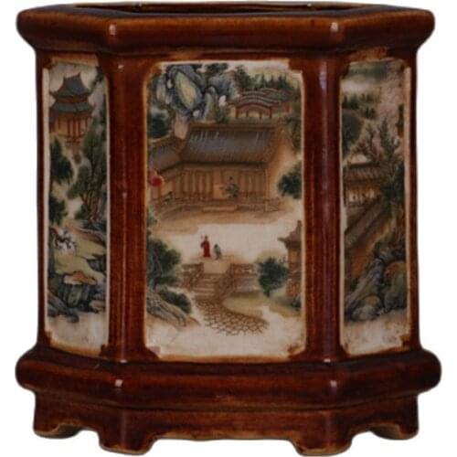 China old porcelain Pastel Hexagonal penholder Character Landscape Painting vase