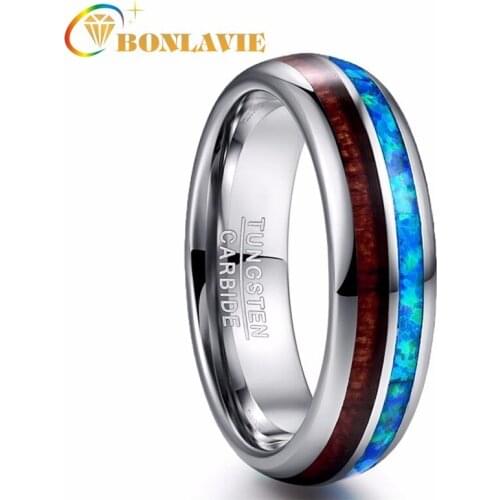 BONLAVIE Fashion 6MM Wide Polished Abalone Shell Tungsten Carbide Rings Wood Blue Opal Tungsten Steel Wedding Ring Jewelry