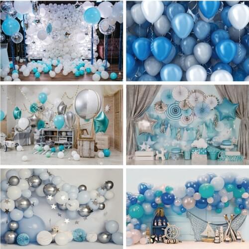Laeacco Photo Backdrops Blue White Balloons Star Flower Pirate Ship Baby Birthday Party Photography Backgrounds For Photo Studio