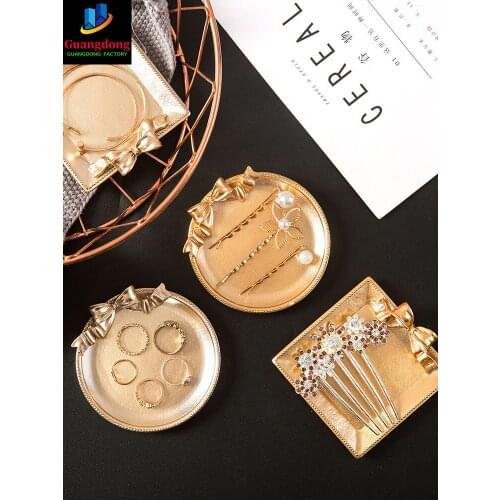 Small Bow Jewelry Dish Ring Necklace Storage Tray Trinket Dish Ring Candy Holder Bracelet Plate Square Gold