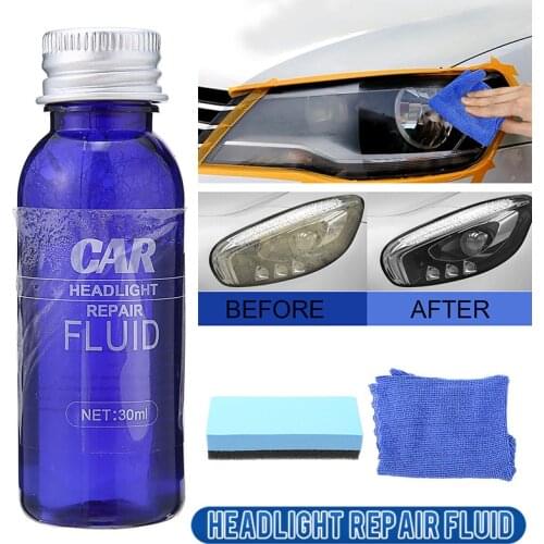 Mayitr 1pc 30ml Car Auto Headlight Repair Fluid Maintenance Clean Retreading Agent Spray Kit With Sponge Cloth