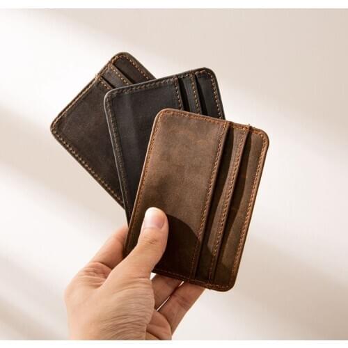 Handmade Retro Mini Coin Purse Small Card Holder Japanese Ultra-thin ID Card Holder Head Layer Cowhide Crazy Horse Leather