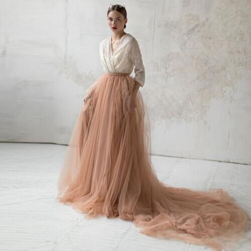 High Fashion Copper Color Bridal Tulle Skirts With Train A-line Long Bridesmaid Mesh Skirt Wedding Gust Women Tulle Skirts