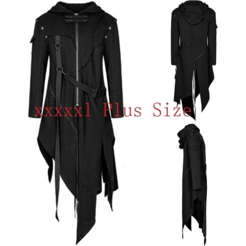 Plus Size 5xl Mens Hoodie Jacket Zip Up Buckle Strap Gothic Steampunk Coats Irregular Hem Vintage Outwear