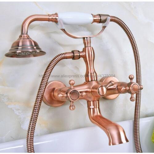 Wall Mounted Bathtub Faucet Antique Red Copper Tub Sink Faucet Telephone Style Bathroom Bath Shower Set Nna340