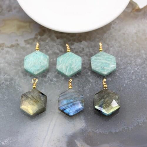 Natural Labradorite/Amazonite Flat Hexagon Faceted Pendants,For Women Jewelry Making DIY Earring Necklace Charms Accessories