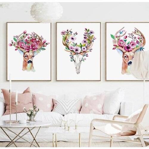 Nordic Style Posters, Elk Animal Feathers, Canvas Pictures, Deer Flower Prints, Painting For Office, Living Room, Wall Decor, Ar