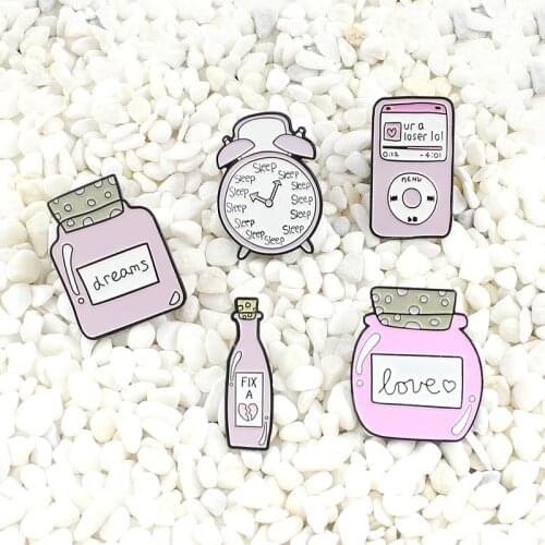 Romantic sweet cute heart-shaped pattern SLEEP alarm clock FIX A bottle LOVE perfume MPS Enamel brooch Perfect cute accessory