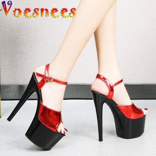 Candy Color Comfortable Patent Leather Sandals 2021 New 17CM Super High Heel Model Black Waterproof Platform Women Sandal Shoes
