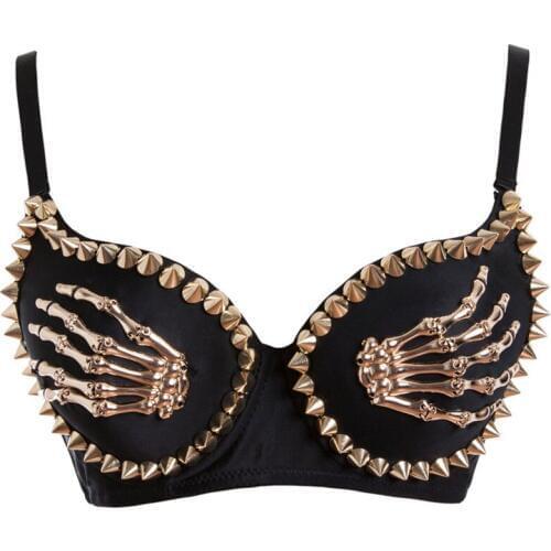 Sexy Black Hands Skull Bra Gold Skeleton Spike Push Up Womens Gothic Steampunk Lingerie Club Carnival Bralette Costumes