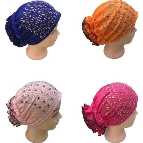 Muslim Kids Girls Flower Lace Headwear Hat Hijab Head Scarf Turban Cap Cover Bonnet Rhinestone Hair Loss Hat Headwrap Islamic